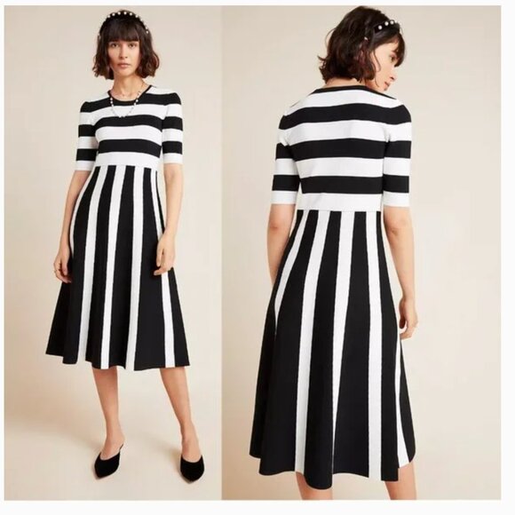 NWT Anthropologie Tori Black and White Striped Fit and Flare Sweater Dress - Picture 1 of 11